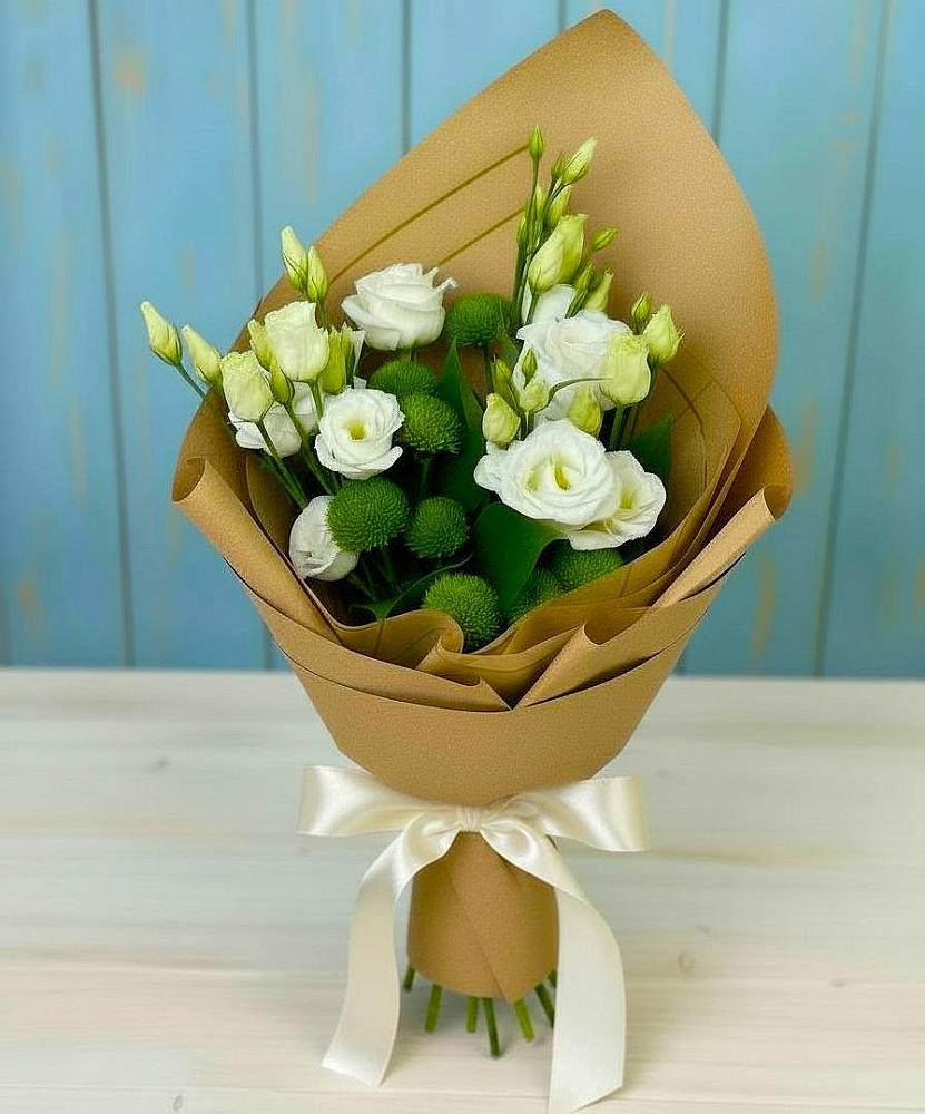 Букет цветов из: Хризантемы и Лизиантусы в Пересвете