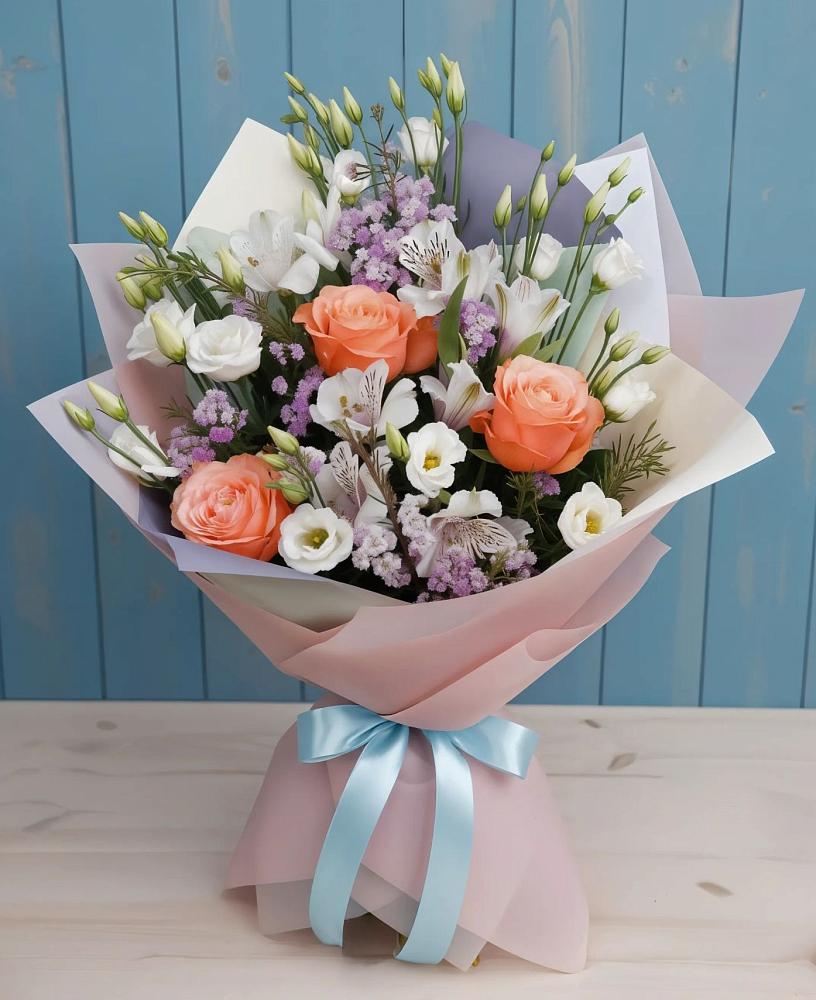 Букет цветов из: Лизиантусы, Розы, Альстромерии и Гипсофила в Пересвете