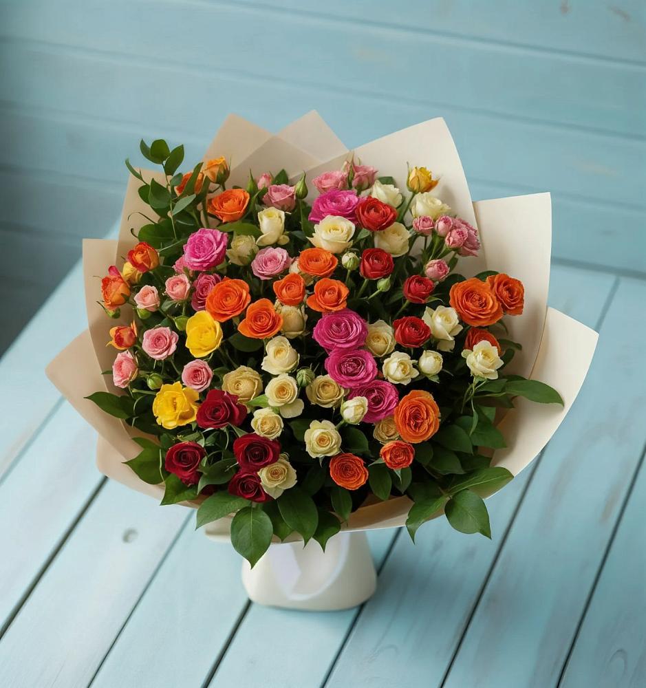 Букет Микс из разноцветных кустовых роз в Пересвете