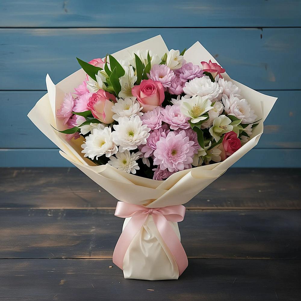 Букет цветов из: Хризантемы, Альстромерии и Розы в Пересвете